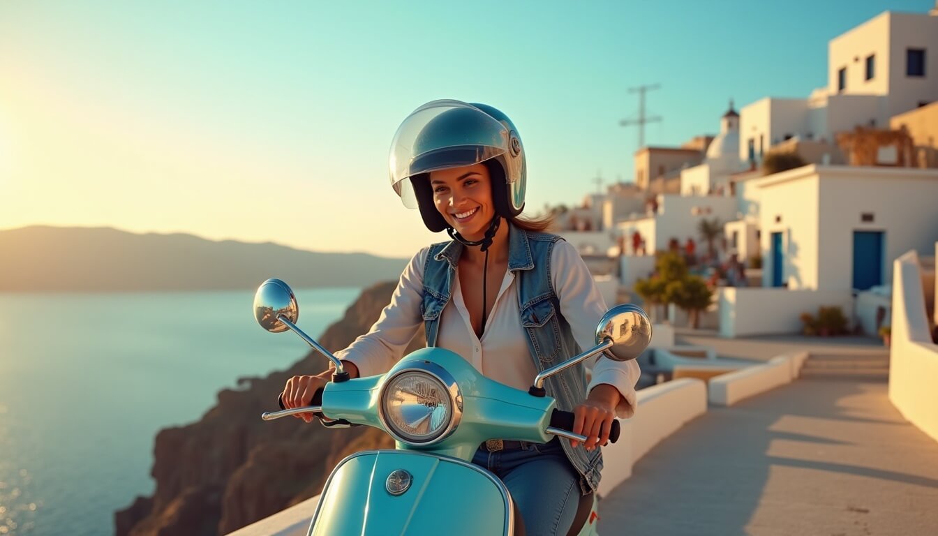Rider cruising on a turquoise scooter, capturing the fun and ease of a rental scooter in Santorini.